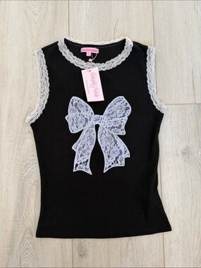 NWT Colorful Natalie Black Lace Bow Ribbed Tank Top Size S Coquette